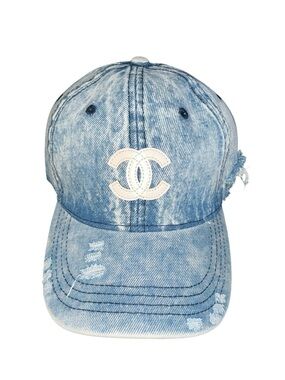 CHANEL Light Blue Distressed Denim Baseball Cap with CC Patch